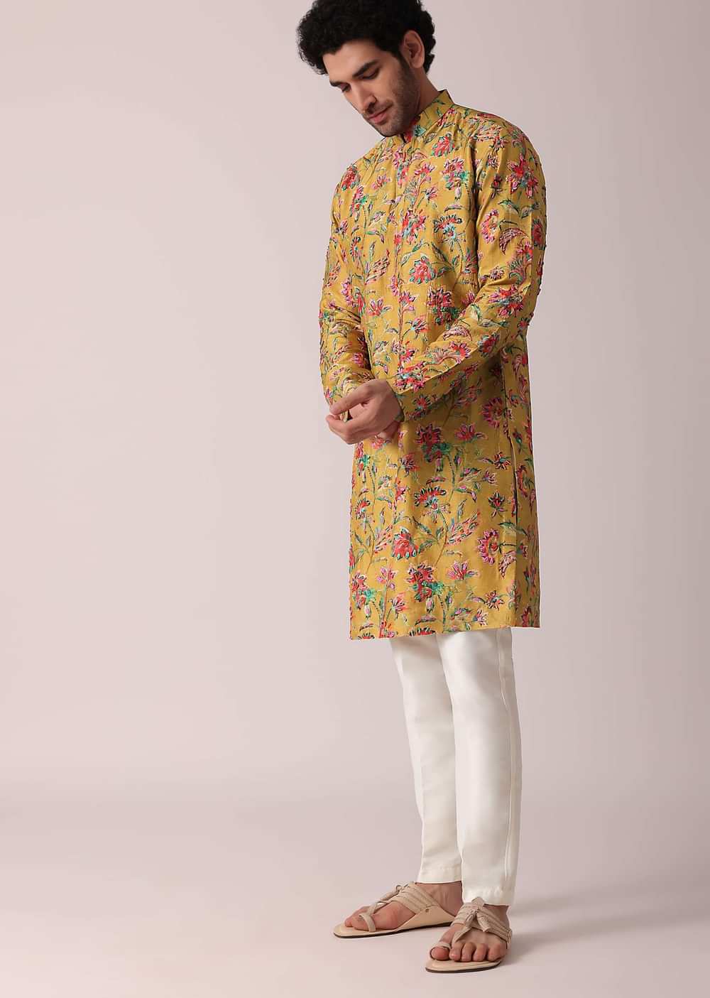 Yellow Floral Hand Embroidered Silk Kurta Set