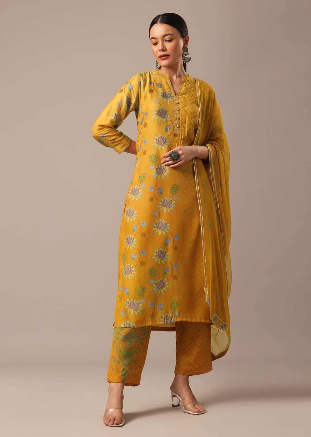Yellow Floral Print Kurta Set In Silk
