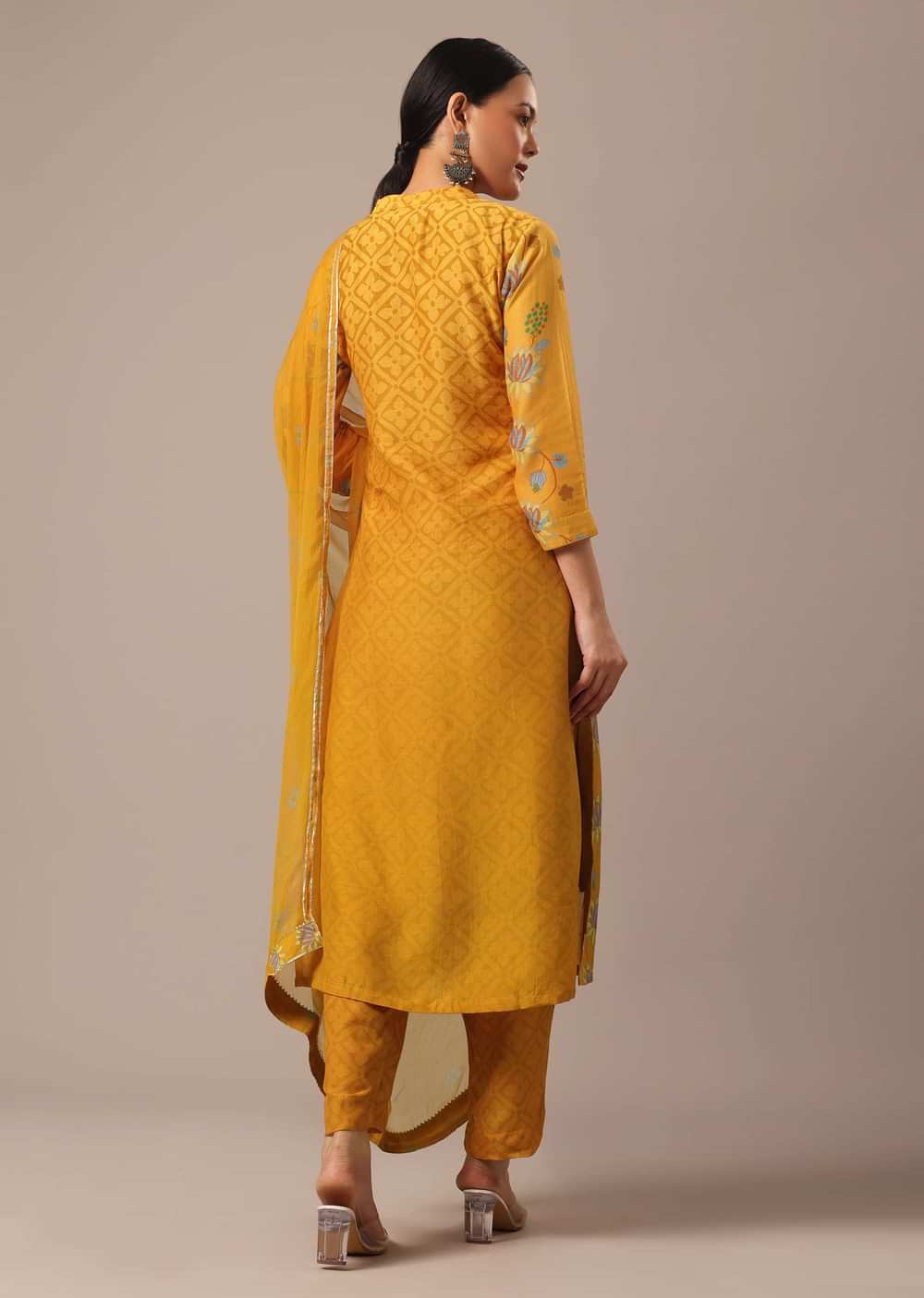Yellow Floral Print Kurta Set In Silk