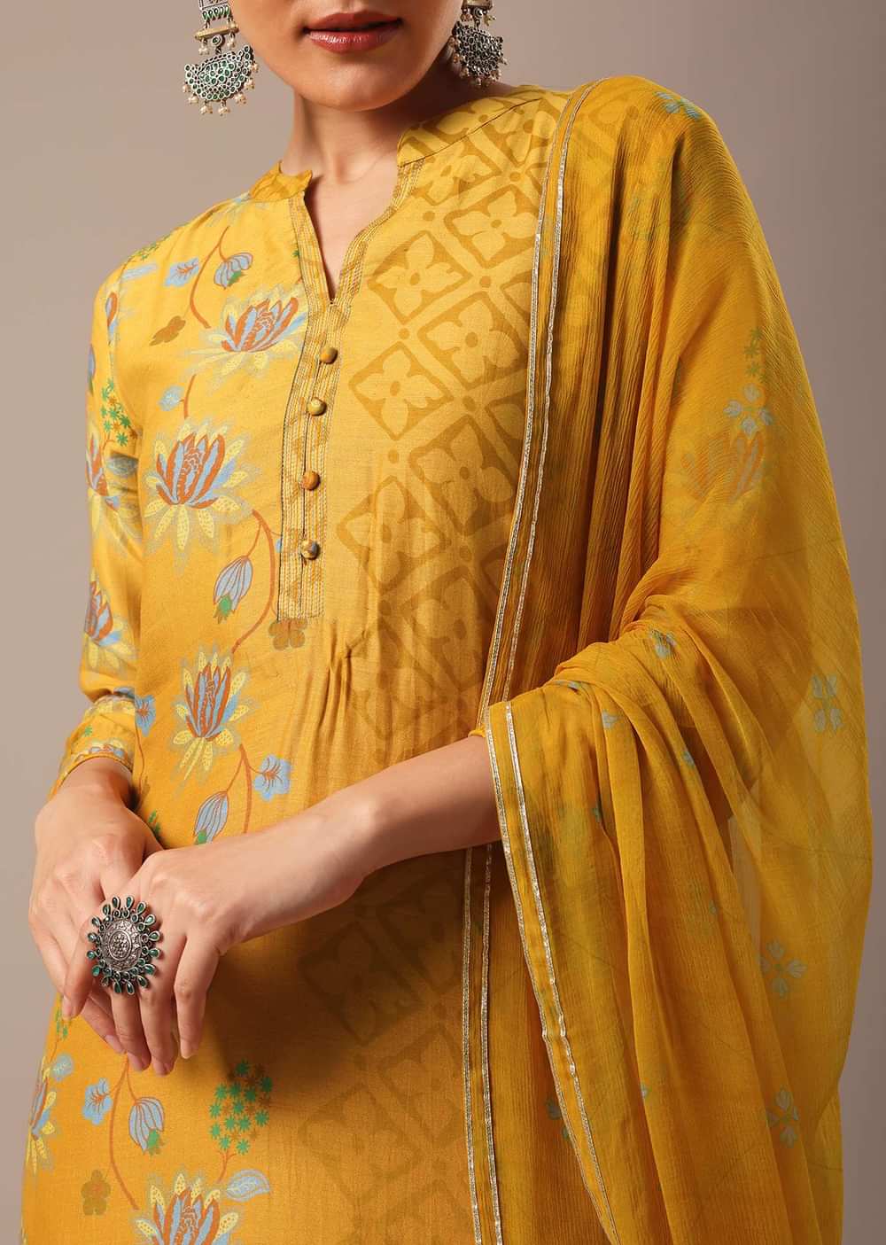Yellow Floral Print Kurta Set In Silk