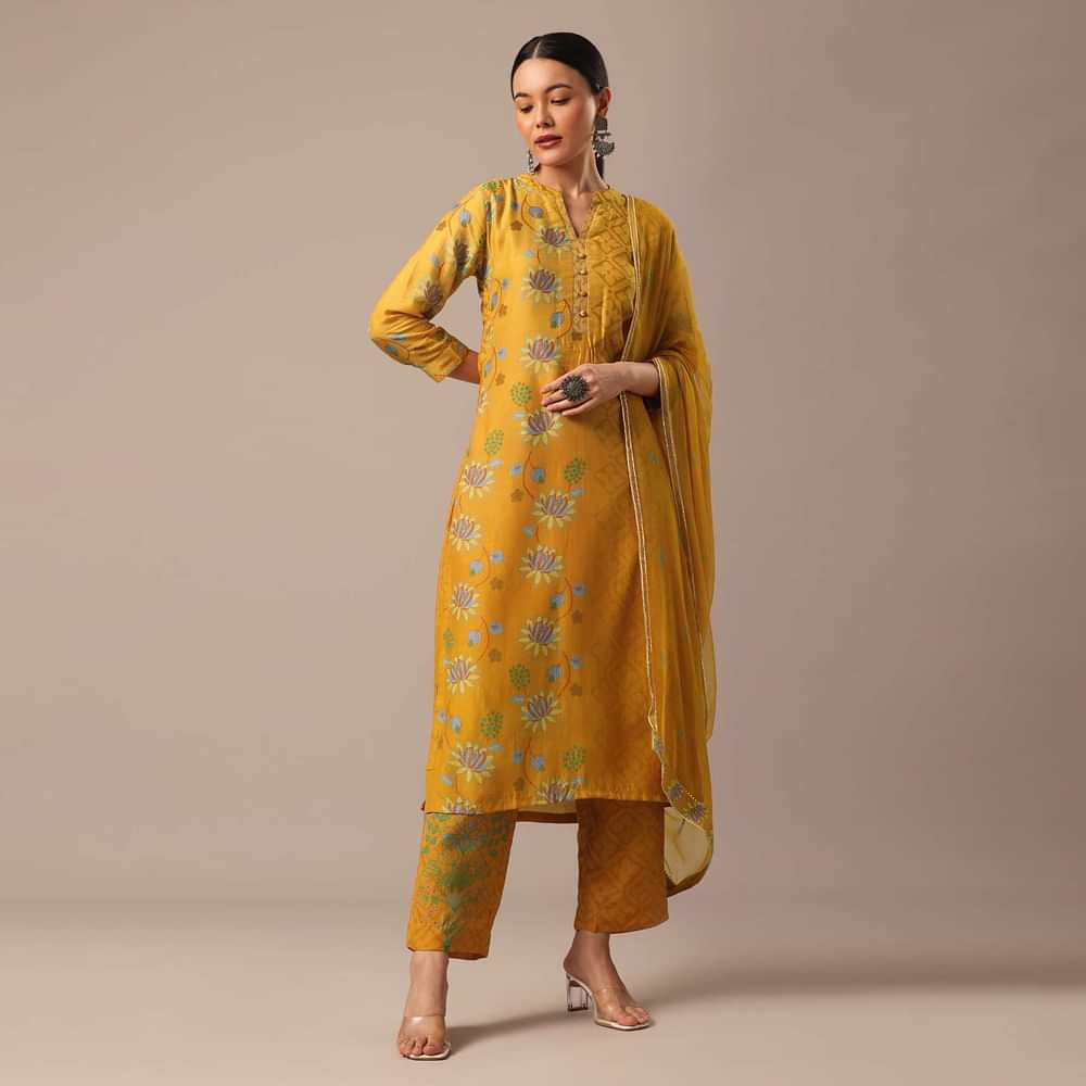 Yellow Floral Print Kurta Set In Silk