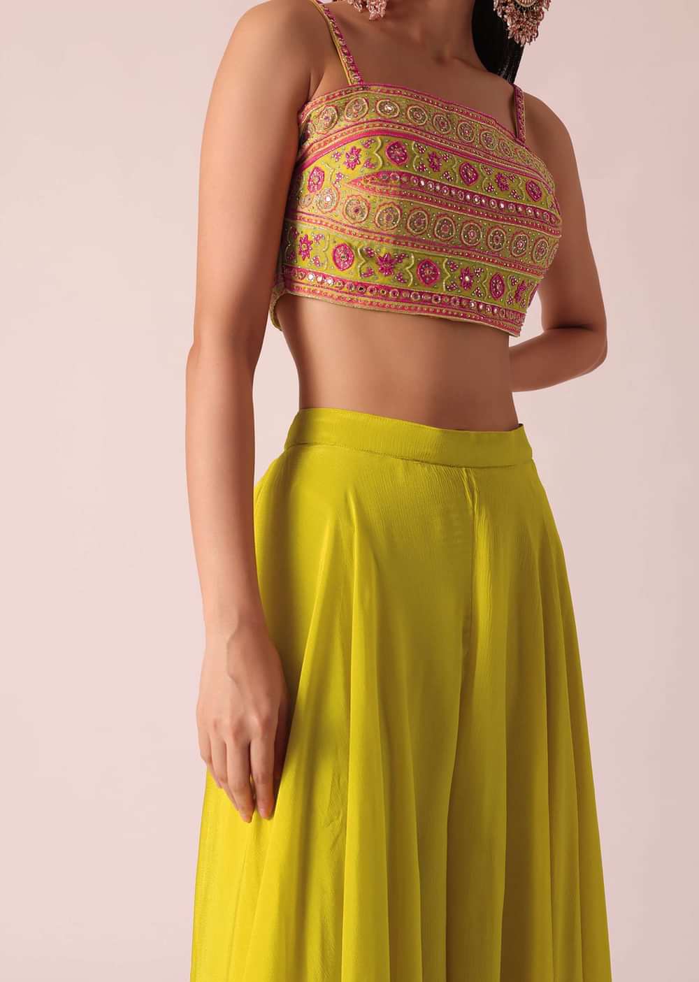 Yellow Fusion Jacket And Palazzo Set With Mirror Work