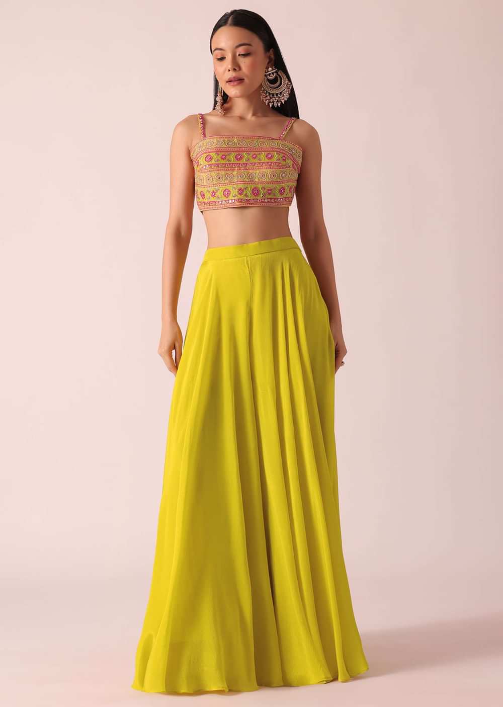 Yellow Fusion Jacket And Palazzo Set With Mirror Work