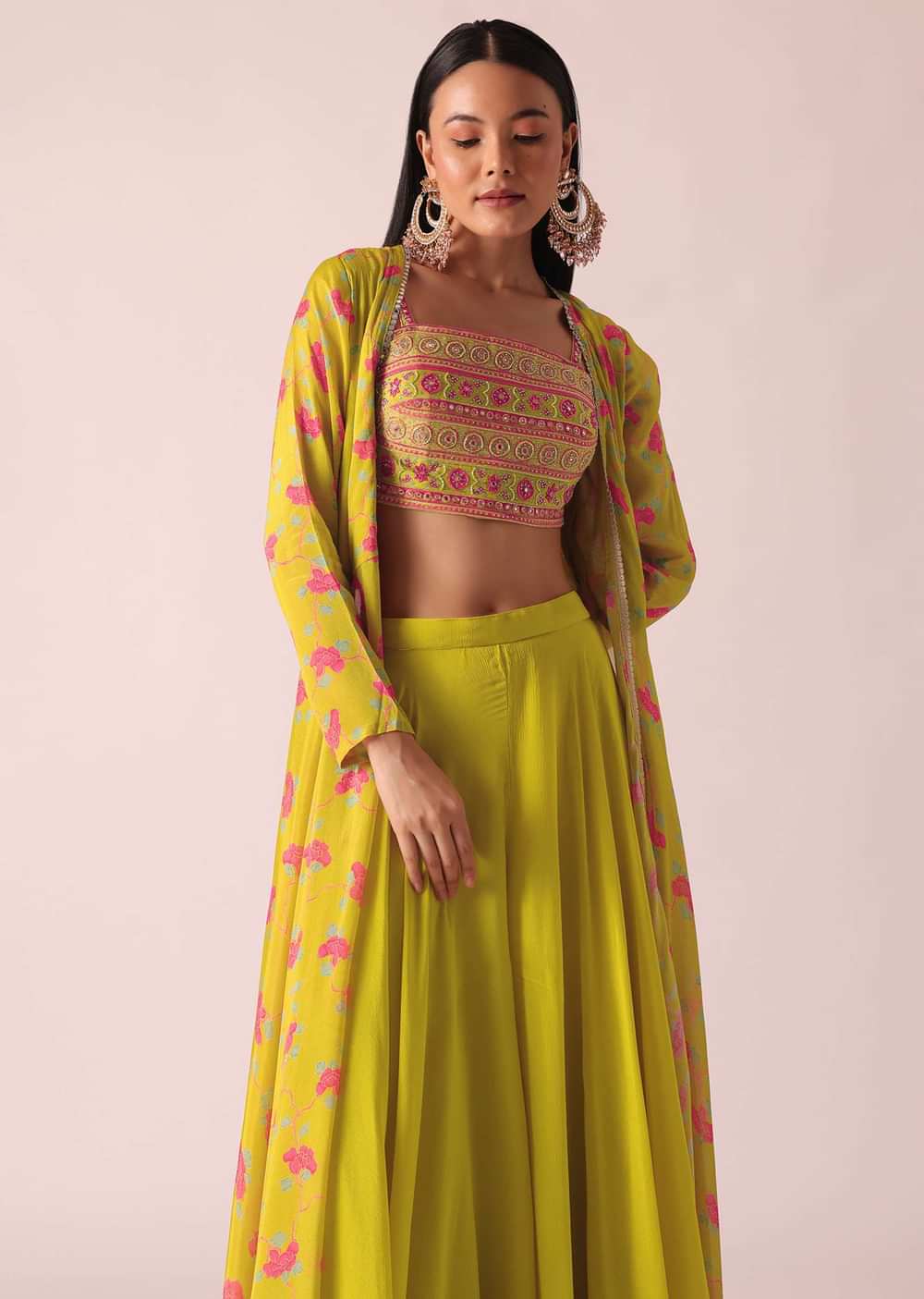 Yellow Fusion Jacket And Palazzo Set With Mirror Work