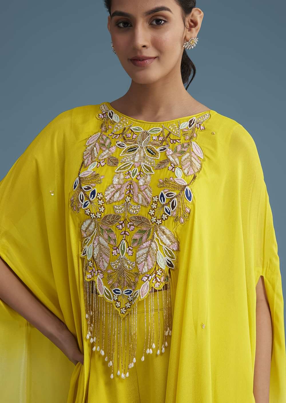 Yellow Georgette Crepe Palazzo Set With Ombre Sleeves