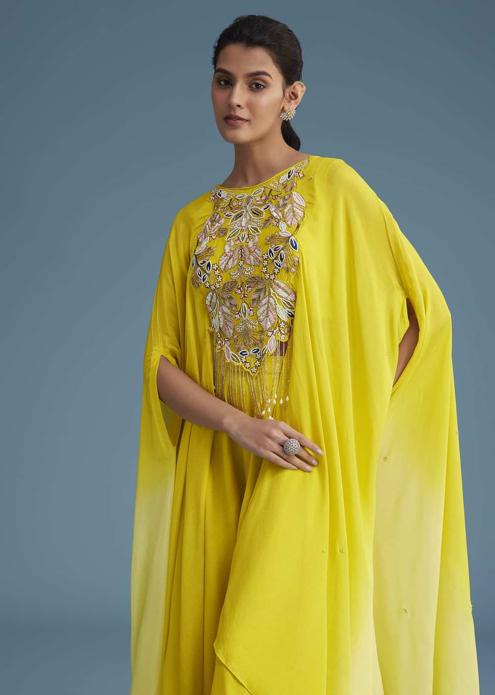 Yellow Georgette Crepe Palazzo Set With Ombre Sleeves