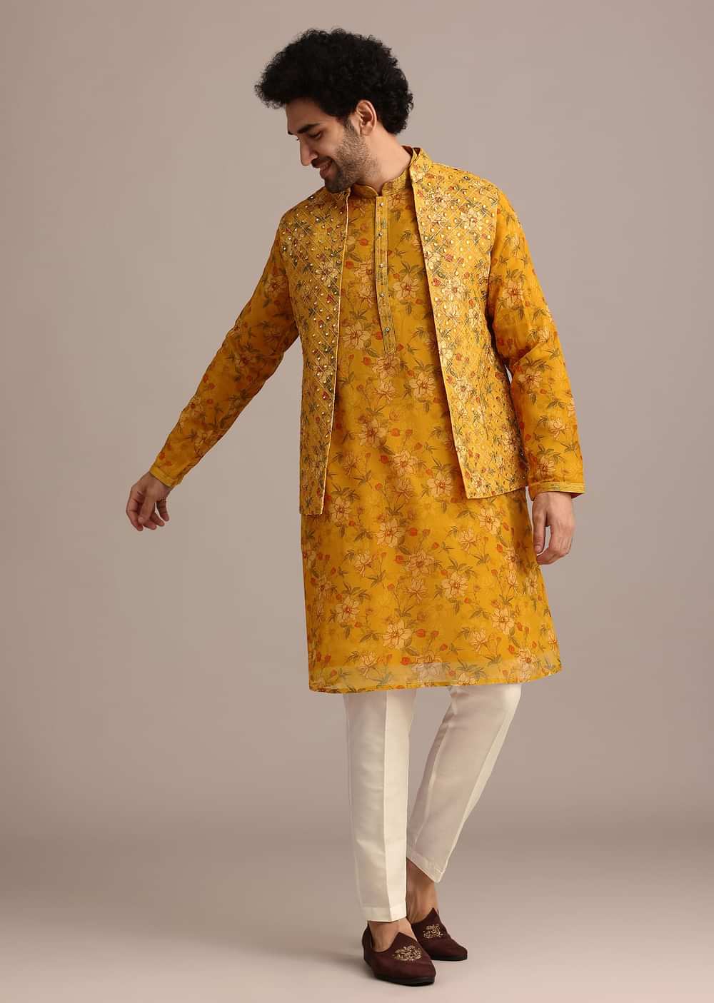 Yellow Georgette Kurta And Jacket Set With Mirror Work