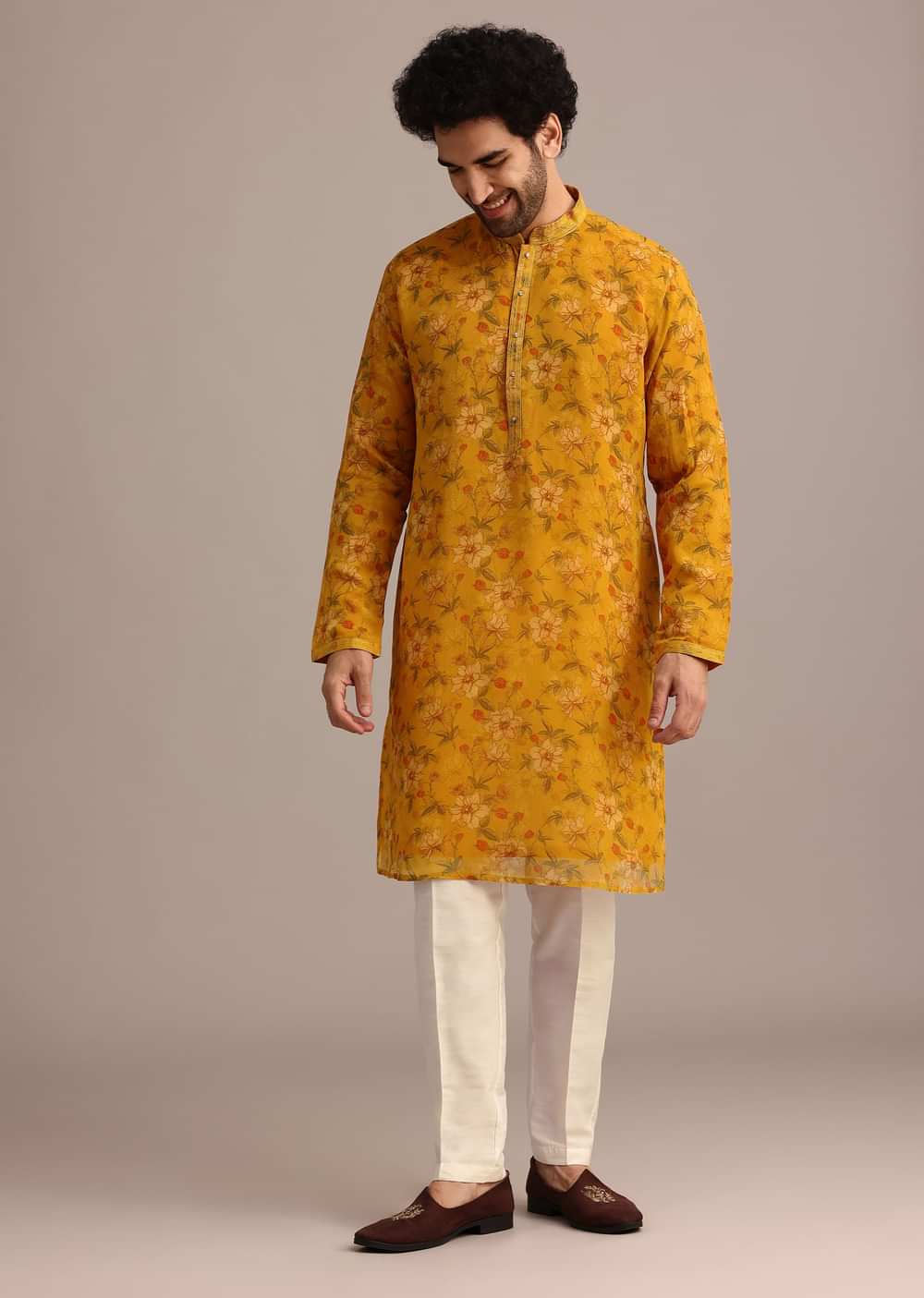 Yellow Georgette Kurta And Jacket Set With Mirror Work