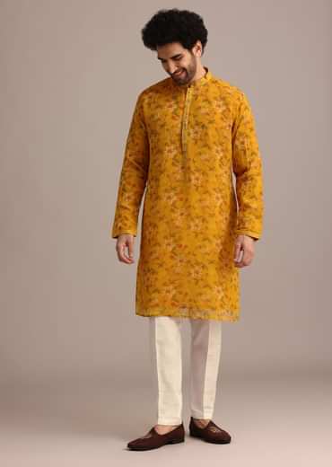 Yellow Georgette Kurta And Jacket Set With Mirror Work