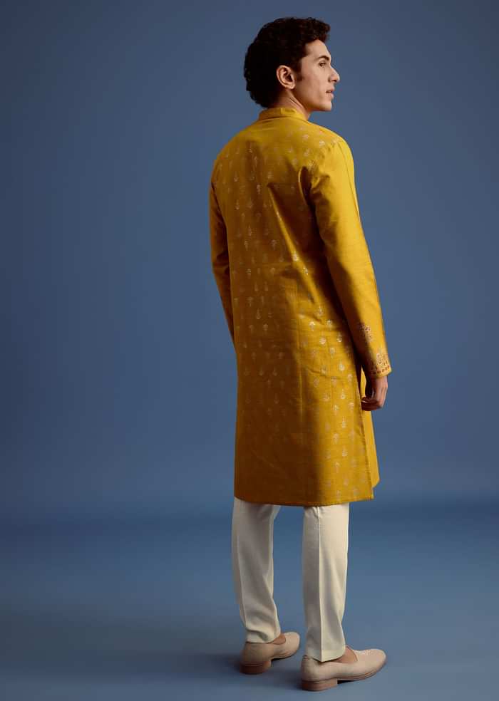Yellow Hand Block Printed Kurta Set With Foil Work