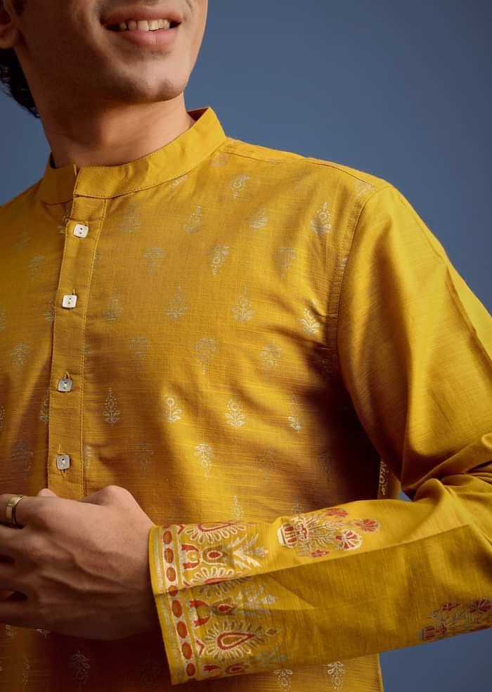Yellow Hand Block Printed Kurta Set With Foil Work