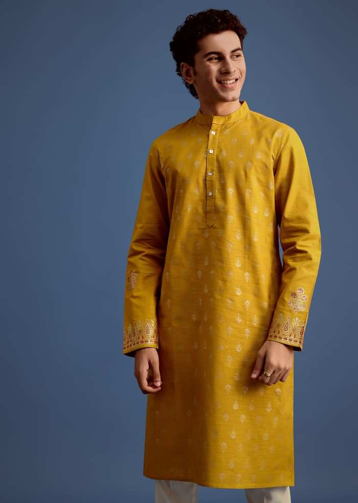 Yellow Hand Block Printed Kurta Set With Foil Work