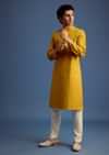Yellow Hand Block Printed Kurta Set With Foil Work