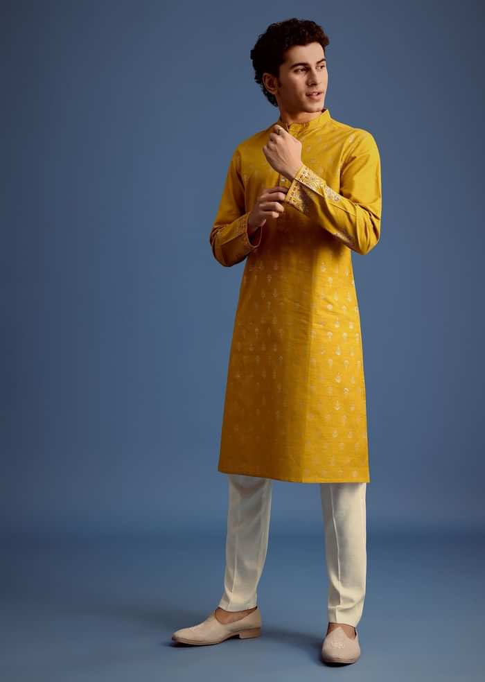 Yellow Hand Block Printed Kurta Set With Foil Work