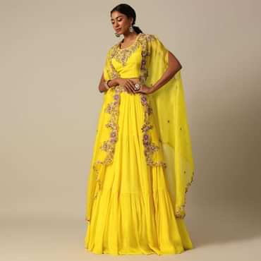 Yellow Hand Embroidered Long Jacket And Lehenga Set