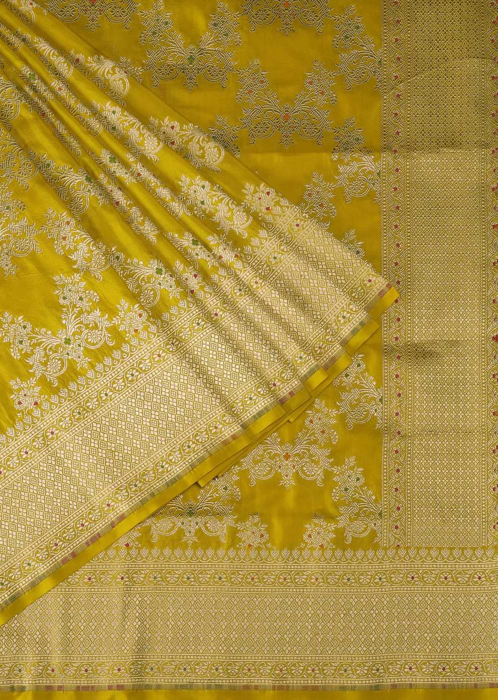 Yellow Handloom Banarasi Saree In Uppada Silk With Meenakari Weave And Unstitched Blouse