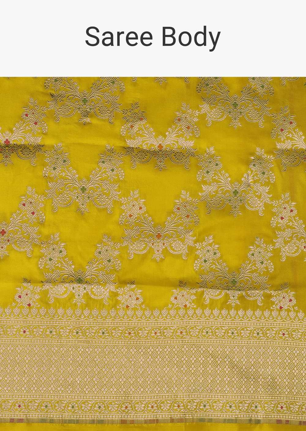 Yellow Handloom Banarasi Saree In Uppada Silk With Meenakari Weave And Unstitched Blouse