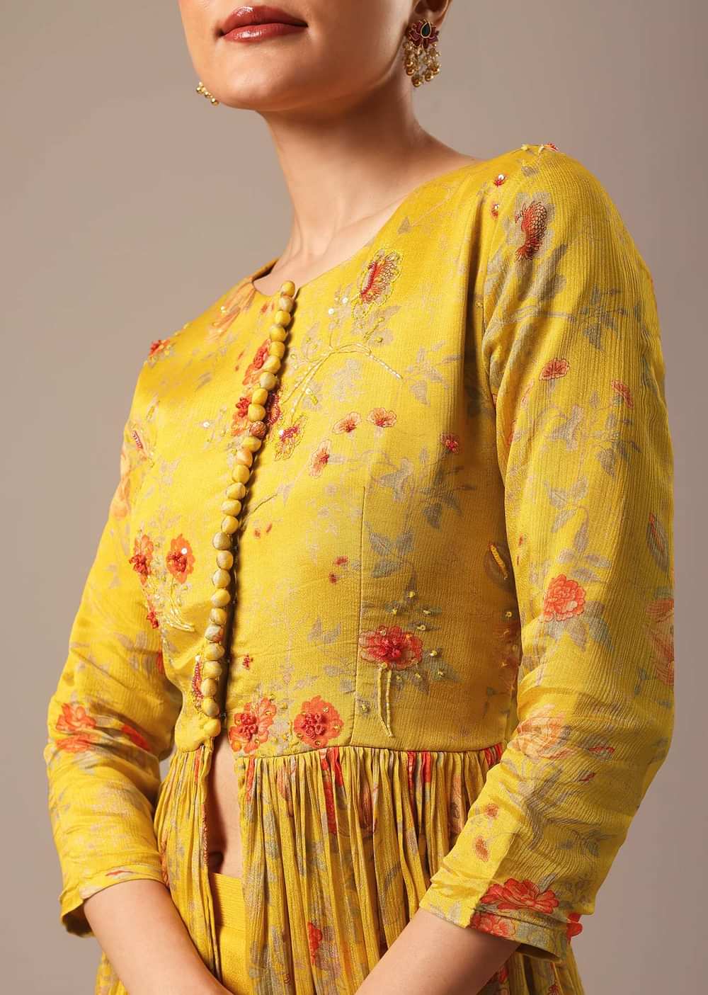 Yellow Indo Fusion Peplum And Sharara Set With Floral Prints