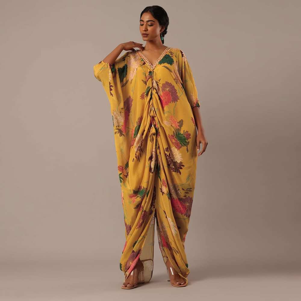 Yellow Kaftan Style Kurta Set With Floral Prints