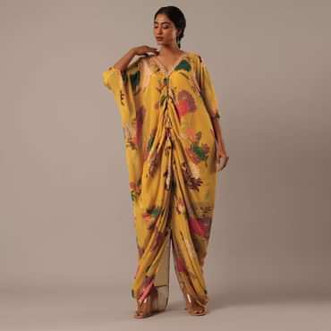 Yellow Kaftan Style Kurta Set With Floral Prints
