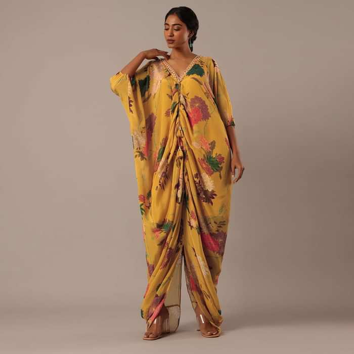 Yellow Kaftan Style Kurta Set With Floral Prints