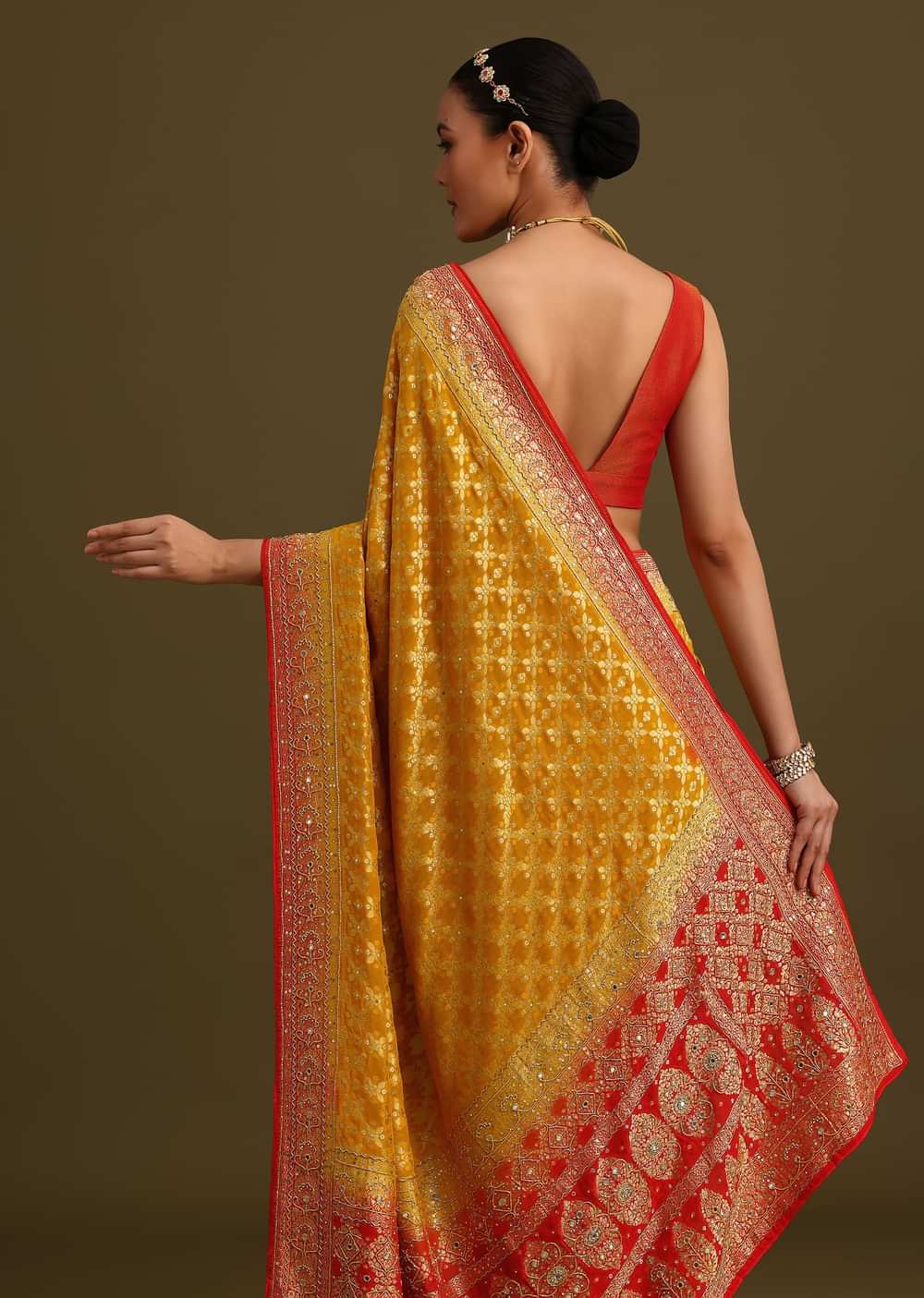 Yellow Khaddi Georgette Bandhani Weave Cutdana Saree