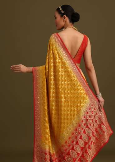 Yellow Khaddi Georgette Bandhani Weave Cutdana Saree