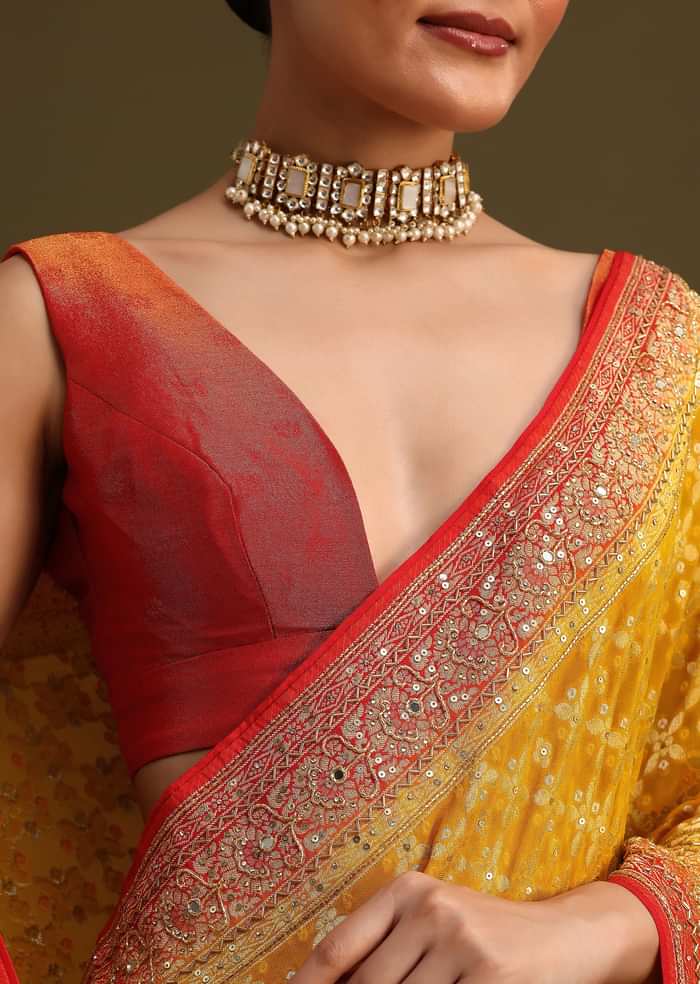 Yellow Khaddi Georgette Bandhani Weave Cutdana Saree