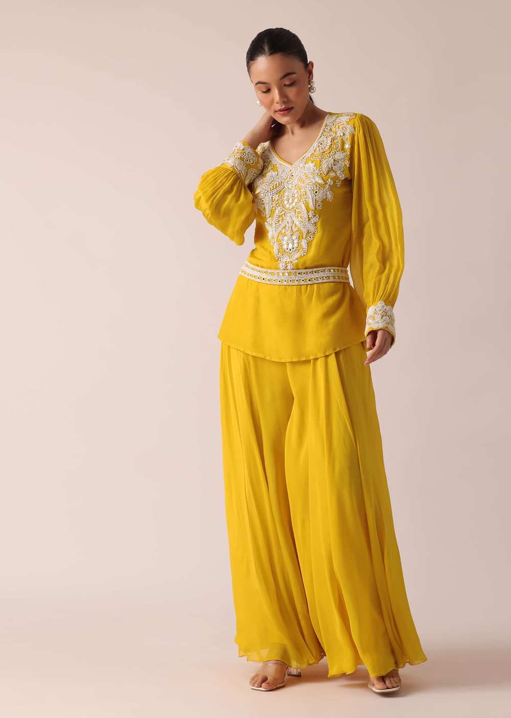 Yellow Kurta Palazzo Set In Organza