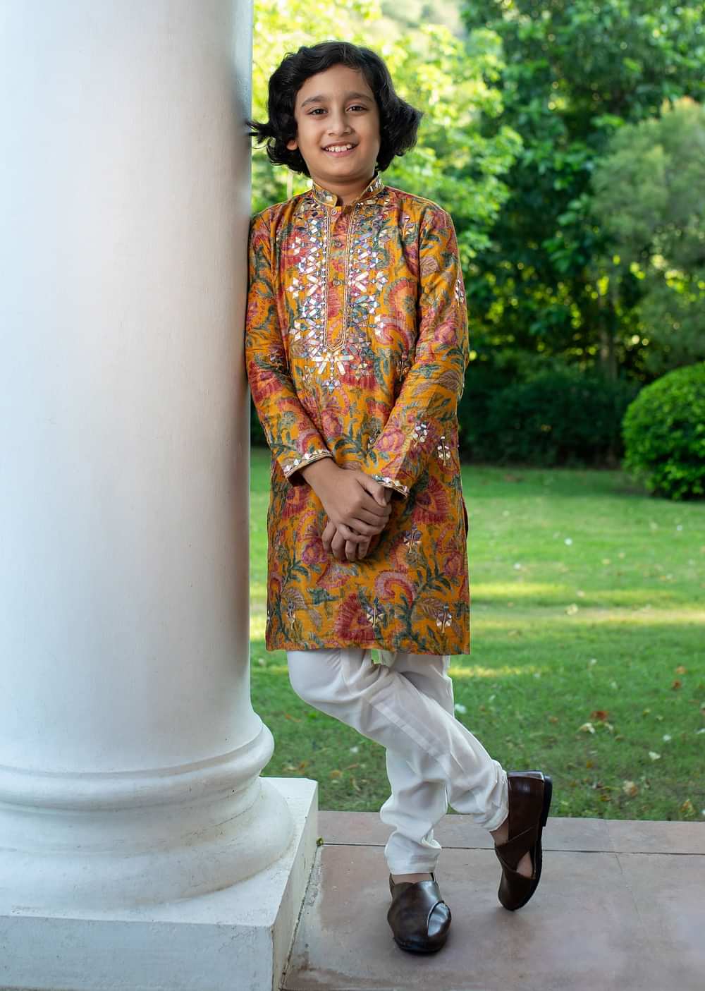 Yellow Kurta Pant With Thread And Mirror Work For Boys