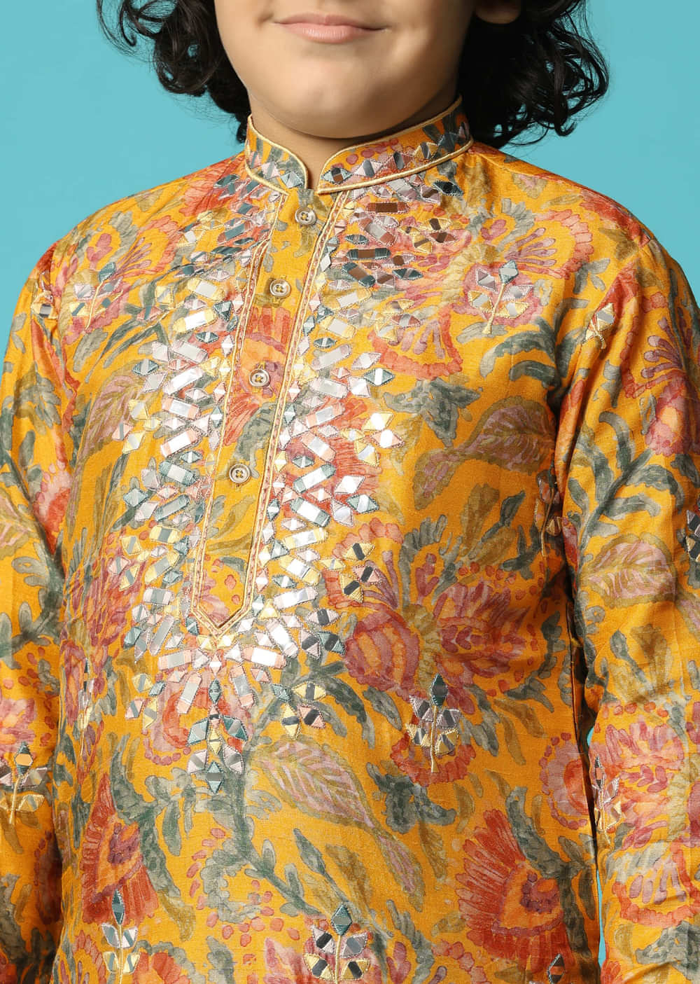 Yellow Kurta Pant With Thread And Mirror Work For Boys