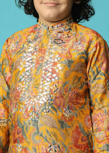 Yellow Kurta Pant With Thread And Mirror Work For Boys