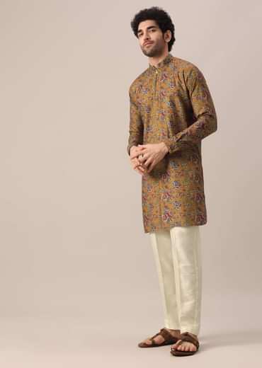 Yellow Kurta Set In Cotton Silk With Multi Color Floral Prints