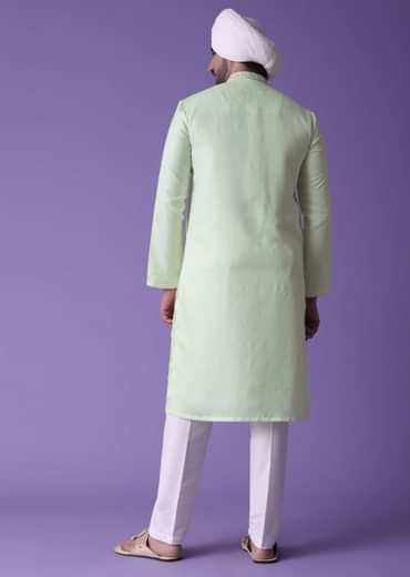 Yellow Kurta Set In Raw Silk With Threadwork