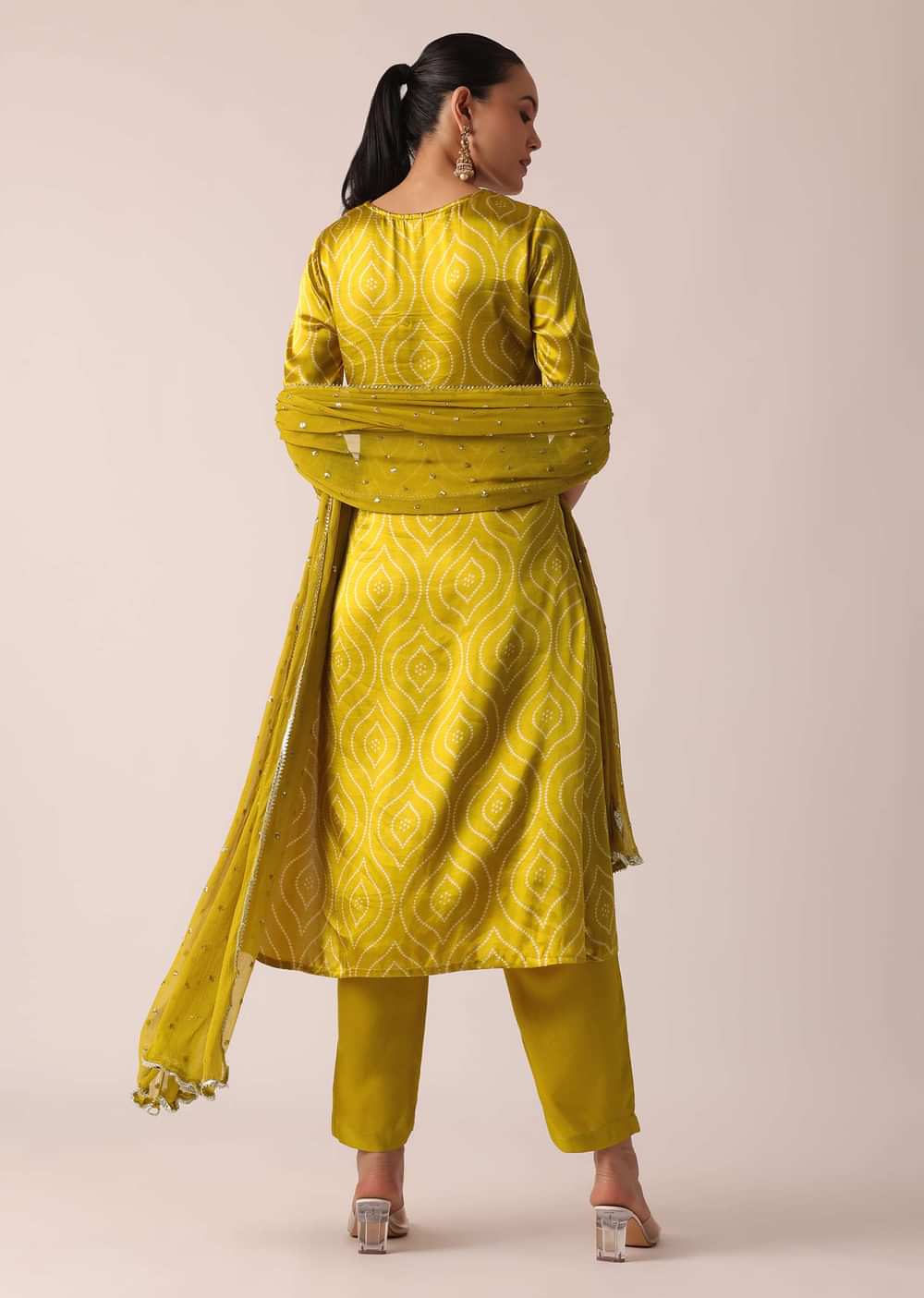 Yellow Kurta Set In Satin With Foil Mirror Work