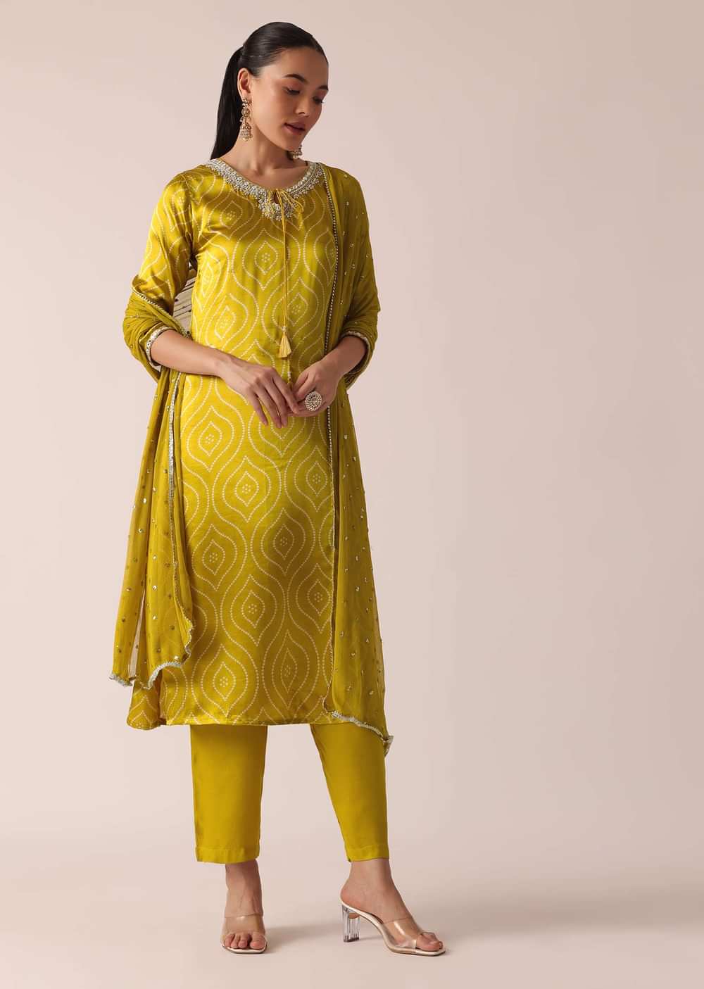 Yellow Kurta Set In Satin With Foil Mirror Work