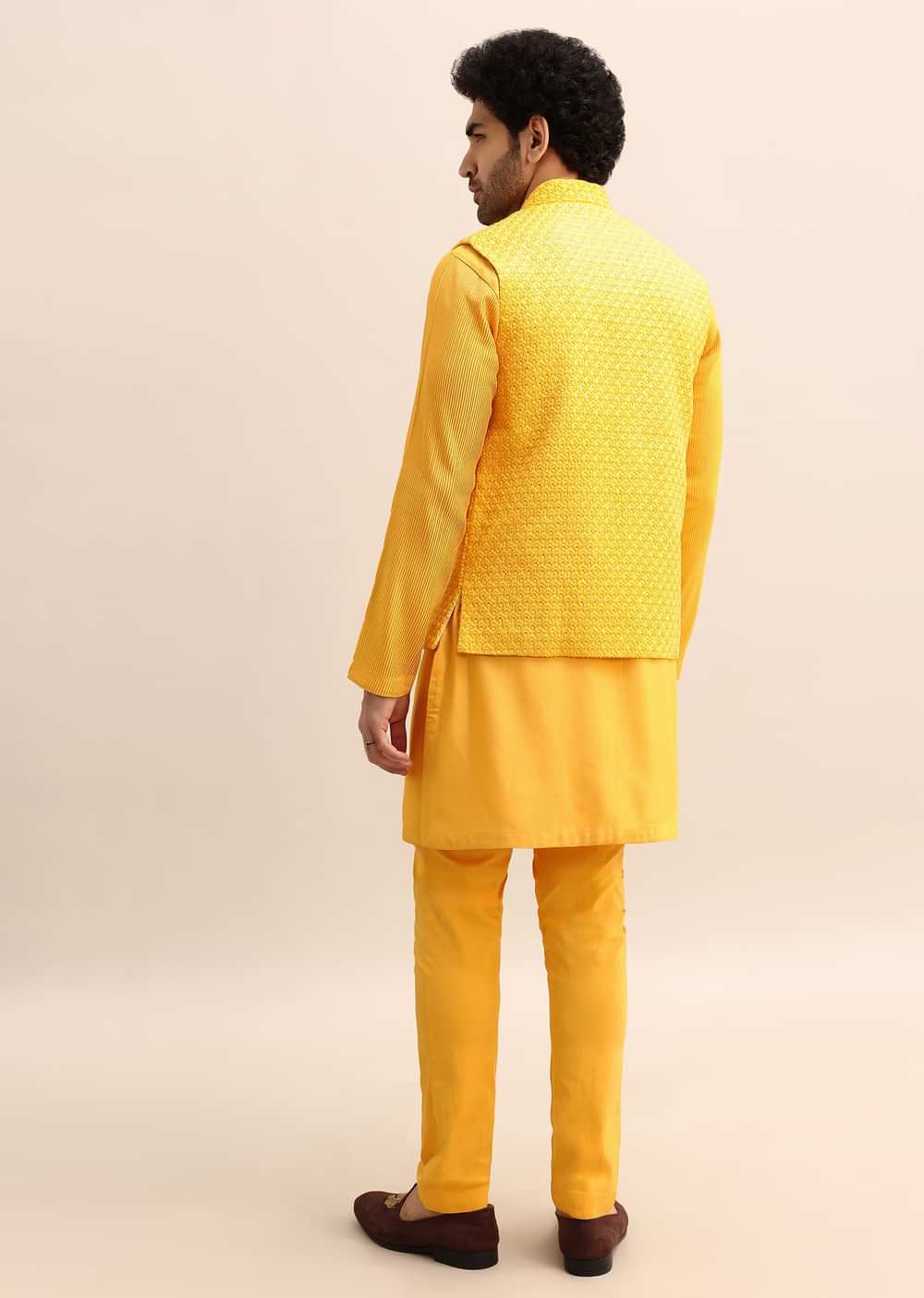 Yellow Kurta Set With Hand Embroidered Jacket