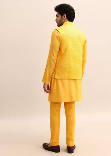 Yellow Kurta Set With Hand Embroidered Jacket