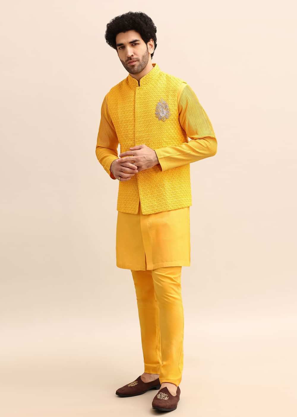 Yellow Kurta Set With Hand Embroidered Jacket