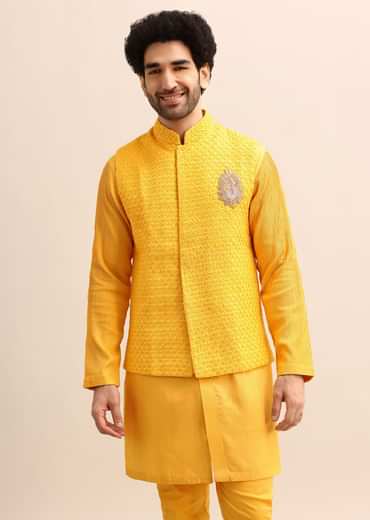 Yellow Kurta Set With Hand Embroidered Jacket