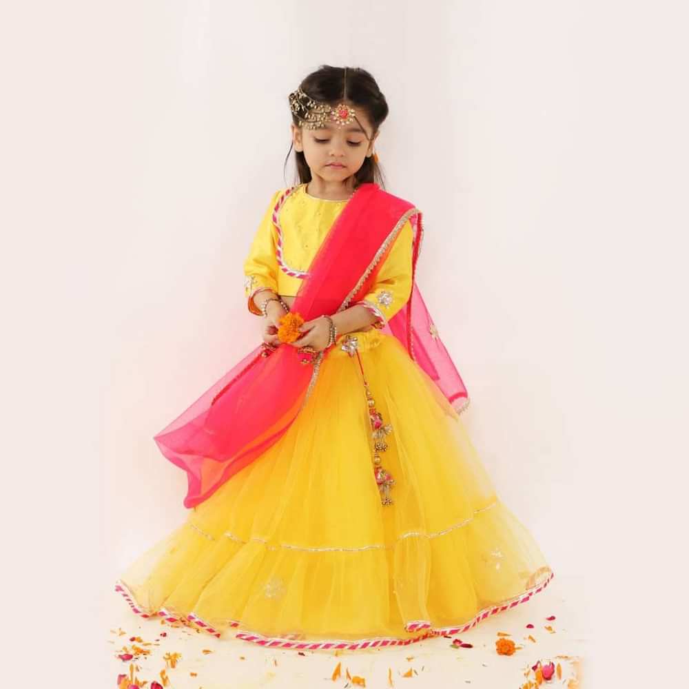 Kalki Girls Yellow Lehenga And Crop Top Set With Gotta Flowers On The Hem And Pink Dupatta Online - Kalki Fashion