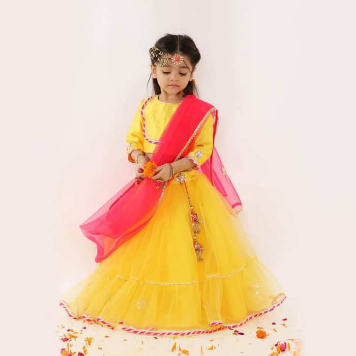 Kalki Girls Yellow Lehenga And Crop Top Set With Gotta Flowers On The Hem And Pink Dupatta Online - Kalki Fashion
