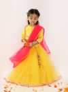 Kalki Girls Yellow Lehenga And Crop Top Set With Gotta Flowers On The Hem And Pink Dupatta Online - Kalki Fashion
