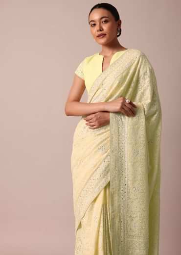 Yellow Lucknowi Chikankari Sequin Saree With Unstitched Blouse Piece