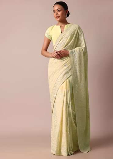 Yellow Lucknowi Chikankari Sequin Saree With Unstitched Blouse Piece