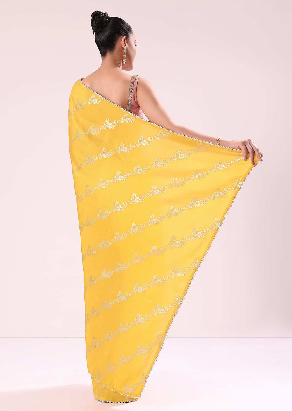 Yellow Lurex Dola Saree With Gold Beaded Embroidered Stitched Blouse