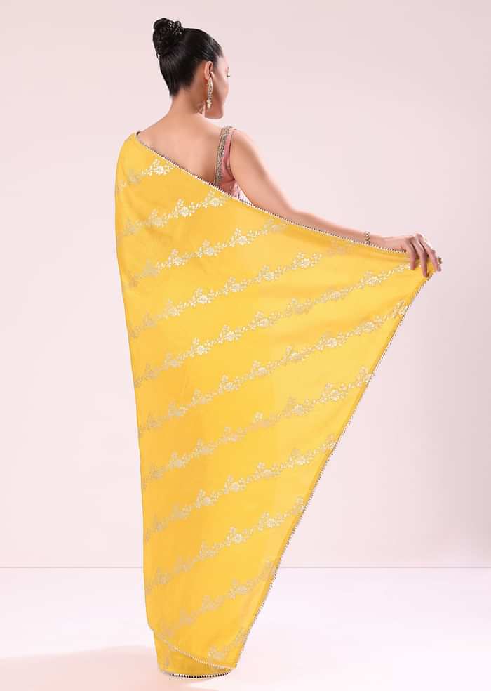 Yellow Lurex Dola Saree With Gold Beaded Embroidered Stitched Blouse
