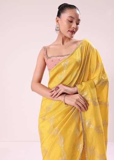 Yellow Lurex Dola Saree With Gold Beaded Embroidered Stitched Blouse