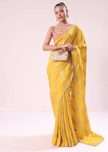 Yellow Lurex Dola Saree With Gold Beaded Embroidered Stitched Blouse