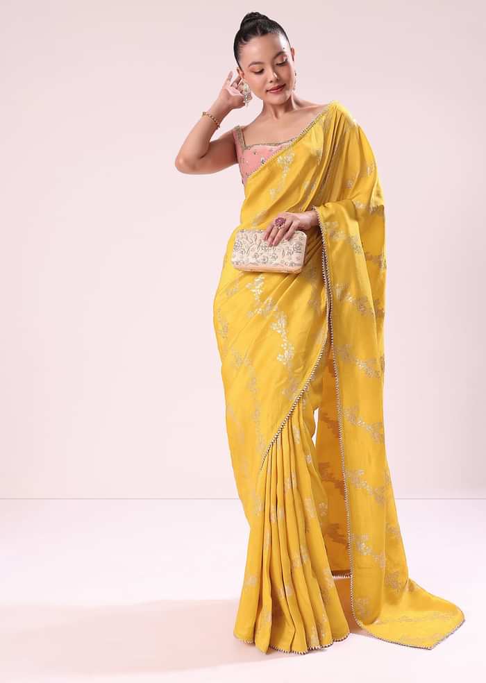 Yellow Lurex Dola Saree With Gold Beaded Embroidered Stitched Blouse